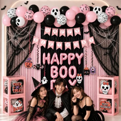 Pink Halloween Party Decorations Kit with Balloon Boxes and Banner