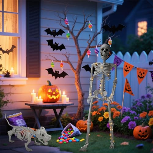 Lighted Human & Dog Skeleton Halloween Decorations 2FT/46LED Outdoor Indoor Spooky Decor