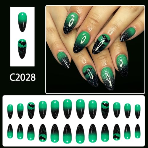 Halloween Press On Nails Green Black - Medium Almond Fake Nails Style-28