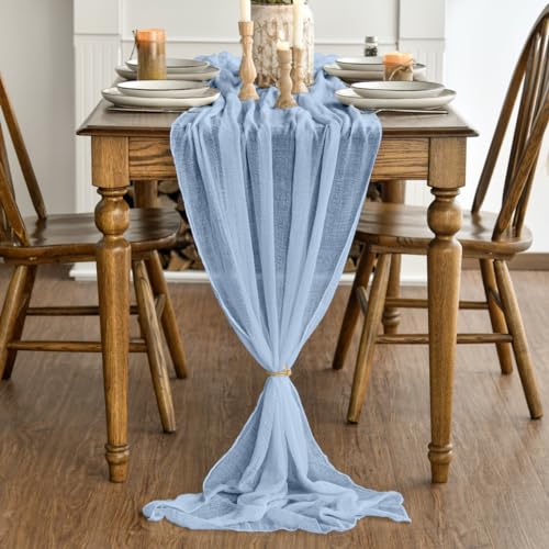 120-Inch 3-Piece Boho Ice Blue Gauze Wedding Table Runner - Seasonal Kitchen Decor
