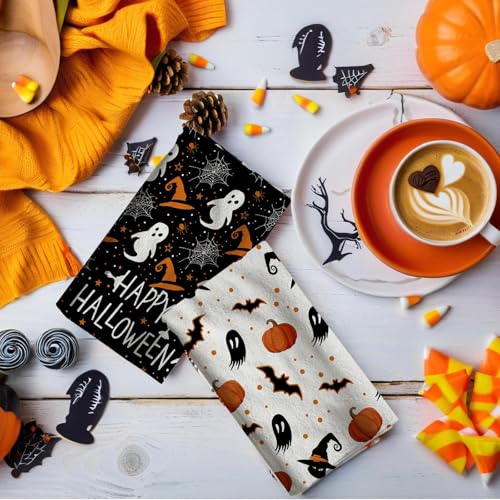 Halloween Kitchen Towels 2 Pack Ghost Pumpkin Hand Dish Drying Cloths - 18x26 Inches - Festive Decor & Absorbent Microfiber