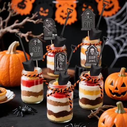 Halloween Cupcake Toppers with Tombstone Graveyard Design - 48 Pcs Cake Decorations with Shovel Spoons