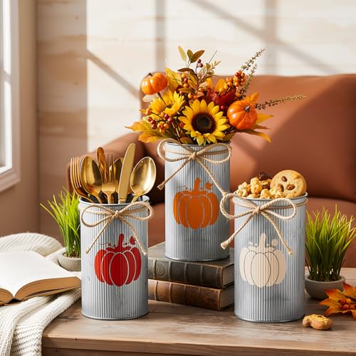 Thanksgiving Fall Pumpkin Vase Set - Rustic Metal Centerpieces, 3 Pieces, Iron Color
