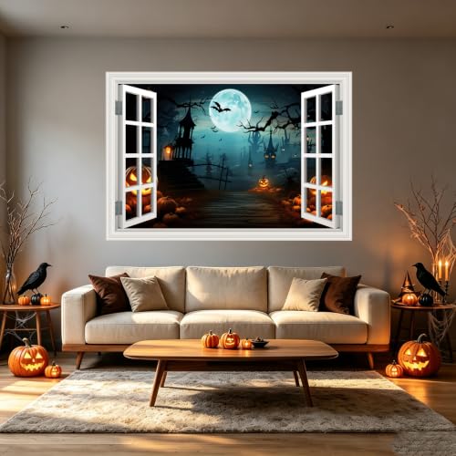 Halloween Fake Window Decal - Scary Spelo Alley Scene 48x32 Inch - Party Decor Sticker