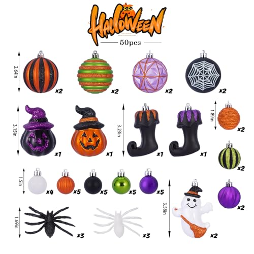50 Pcs Halloween Tree Ornaments - Shatterproof Decorations for Spooky Holiday, Multi Variation