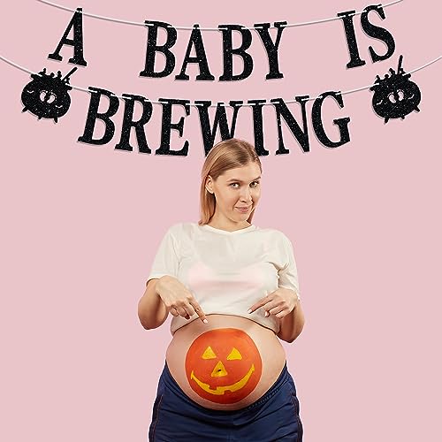 Halloween Baby Shower Banner - Black Glitter 'A Baby Is Brewing' Party Decoration