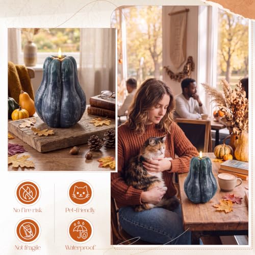 Extra Large Green Flameless Pumpkin Candle - Fall Decor, 8.3'' with Remote