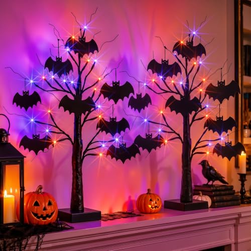 Indoor Halloween Black Tree Decorations Set - 24 Inch 2-Pack with LED Lights & Bat Ornaments