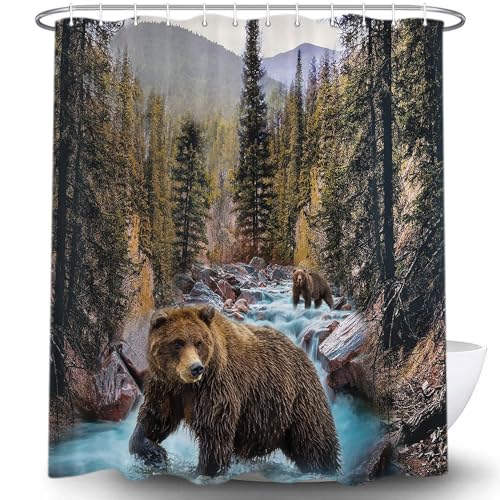 Forest Bear Shower Curtain 69x78 Inches - Misty Mountains Wildlife Bathroom Decor