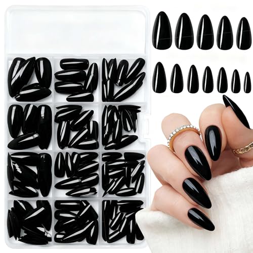 Black Almond Press-On Nails Set - Short Stiletto Fake Nail Tips for Manicure