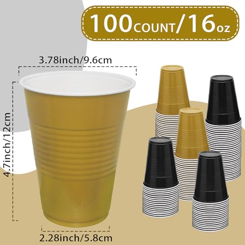 Black and Gold Plastic Cups 16 oz Pack of 100 - Party Disposable Drinkware with Textured Grip