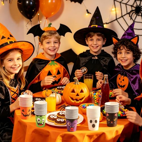 Purple Halloween Paper Cups 9 oz Disposable Party Cups with Spooky Designs