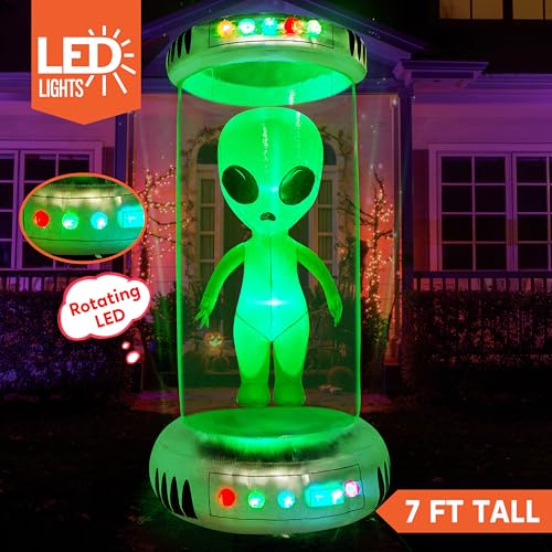 7ft Tall Halloween Inflatable Alien Decor with Animated Lights for Yard Garden