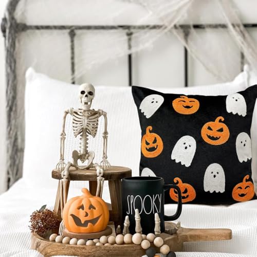 Halloween Fall Ghost Throw Pillow Covers 18x18 Set of 2 - Black & Pumpkin