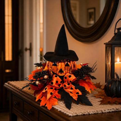 Lighted Halloween Pumpkin Decor with Witch Hat and Bow - 15 Inch Tabletop Fall Decor