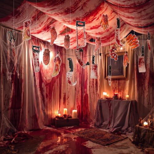 Halloween Bloody Ceiling Decoration Set with Knife & Body Parts - Variation of Bloody Knife