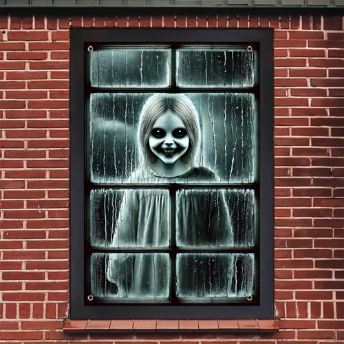 Halloween Ghost Window Cover - Rainy Scene, 31x47 Inch Polyester Decor