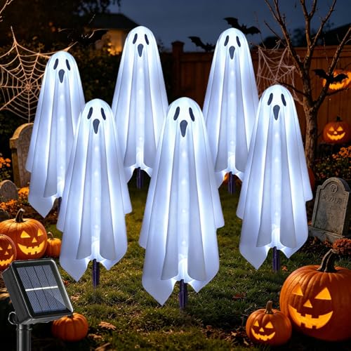 Solar Ghost Lights Outdoor Halloween Decoration Set of 6 Spooky Pathway Stake Lights