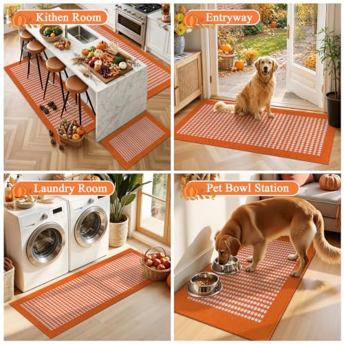 Fall Kitchen Rugs Set of 3 - Checkered Orange Autumn Runner Mats, Washable, Non-Slip