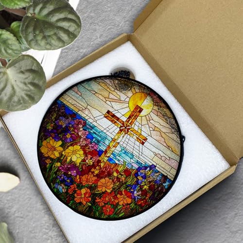 Cross Flower Suncatcher Stained Glass Window Hanging - Religious Wall Art Decor, 7.9 Inch, Color02
