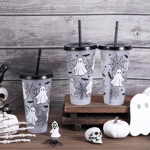 Halloween Ghost Plastic Cups with Lids & Straws - 24 oz, Pack of 12 - Black Variation