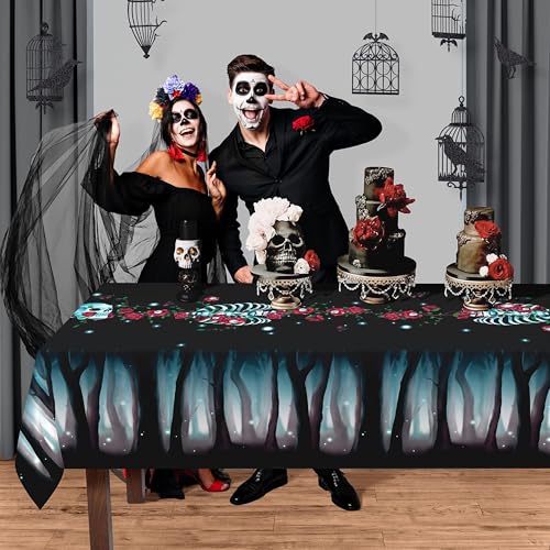 Gothic Halloween Tablecloth 9x5 ft Red & Black Rose Skeleton Fabric Cover