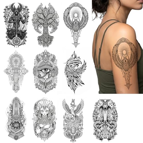 Ancient Egyptian Temporary Tattoos for Men Women - 10 Sheets, Realistic, Waterproof, Long-lasting