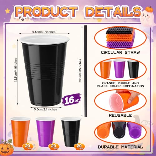 Halloween Disposable Plastic Cups with Straws - 120 Pcs Orange Black Purple