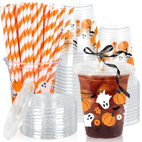 Halloween Plastic Cups with Lids & Straws - Ghost Pumpkin Design, 50 Pack, 12oz