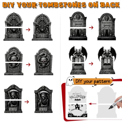 Halloween Tombstone Yard Decorations 5 Pack - 25.6 Inch Plastic Gravestones with Metal Stakes for Outdoor Cemetery Scene