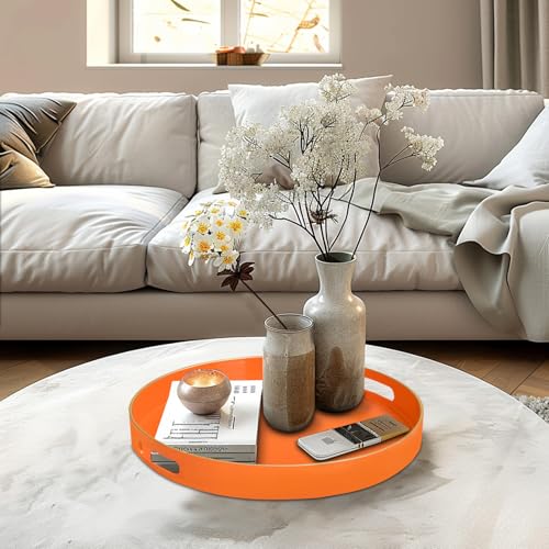 13-Inch Orange Decorative Serving Tray with Handles - Round Plastic Organizer