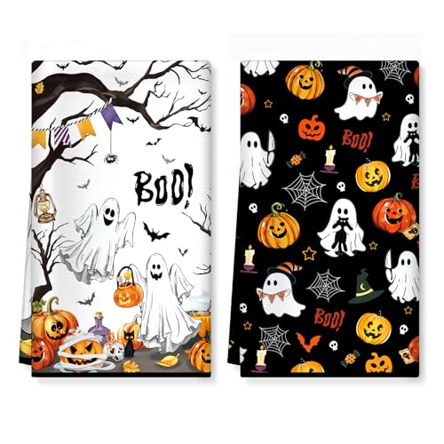 Halloween Pumpkin Kitchen Towels Set of 2 - Microfiber Quick Dry Dishcloths - Halloween 02