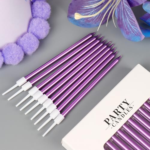 Purple Long Thin Birthday Candles - 24 Count Tall Cake Toppers with Metallic Luster - Party & Celebration Supplies