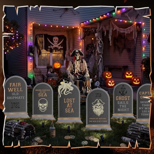 Pirate Halloween Tombstone Decorations Set - Outdoor Graveyard Props, 11 Piece