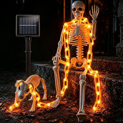 Outdoor Halloween Skeleton & Dog Skeleton with Glowing Chain - Weatherproof Decor