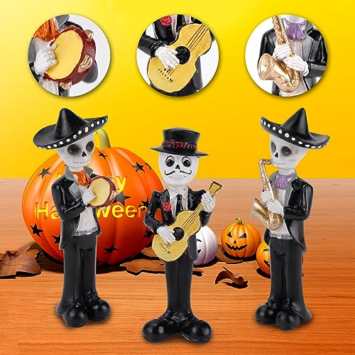 White Day of The Dead Skeleton Figurines with Mariachi Band - Halloween Decor, 3PCS, 5.5In