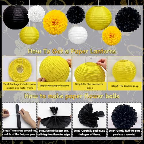 KAXIXI 15-Pack Black Yellow White Party Decorations Lanterns & Pom Poms - Variation Yellow Black White
