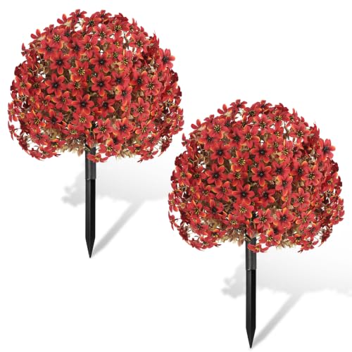 Artificial Fall Mum Topiary Ball Tree with Ground Spike - Dark Red, 14-Inch
