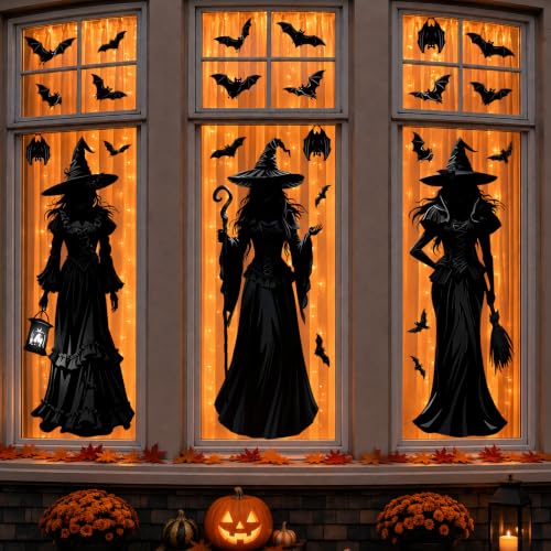 Large Black Witch Window Cling Stickers - Halloween Decoration, 6 Sheets - Variation: Large Black Witches