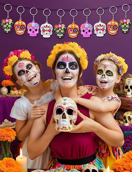 Day of The Dead Sugar Skull Keychain - Dia De Los Muertos Ornament - Variation 32