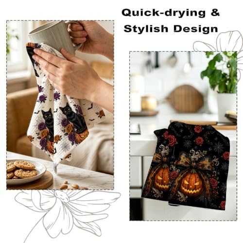Halloween Kitchen Towels - Black Cat Design, 2 Pack, Absorbent Microfiber, 14x24 Inches - Multi 1672