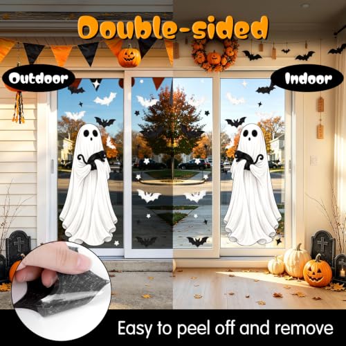 Halloween Ghost Window Clings - Extra Large Spooky Bats, Cats & Pumpkins, 3 Sheets, Indoor Outdoor Decorations - Variation: Ghost