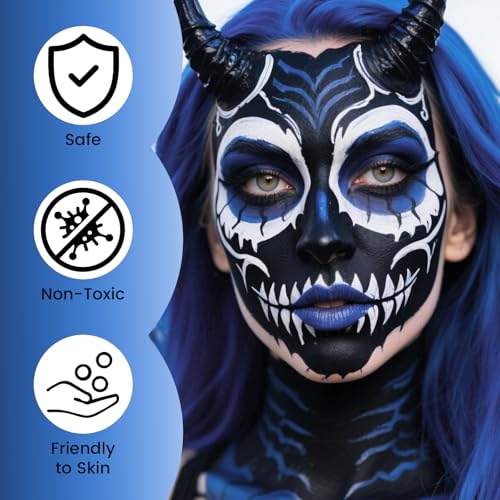 Face Paint Kit Oil Based Halloween Makeup Set with Brushes - Blue, Black, White