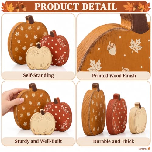 Wooden Pumpkin Fall Decor Set - 3 Distressed Rustic Autumn Pumpkins with Seasonal Prints - Pumpkin Variation