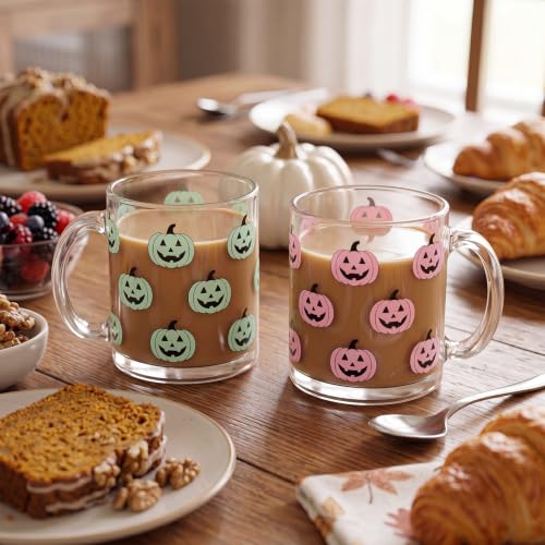 Pastel Halloween Pumpkin Glass Coffee Mugs Set of 4 - 12oz Fall Drinkware