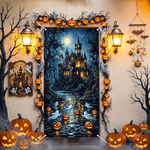 Halloween Door Cover Decorations - Spooky Pumpkin & Ghost Banner 35.5x72 Inch
