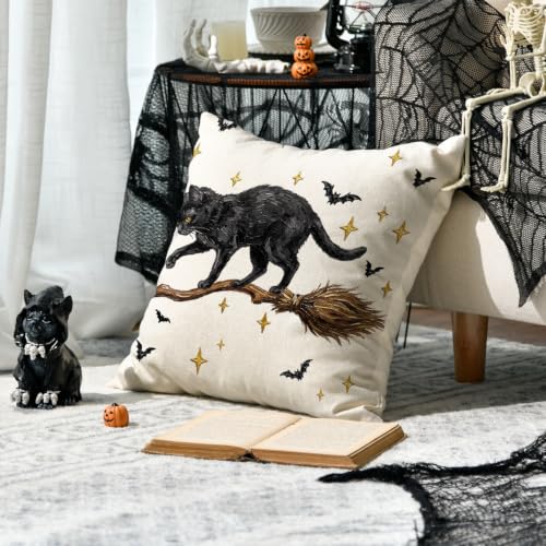 Halloween Black Cat Throw Pillow Cover Set of 2 18x18 Inches - Durable Polyester