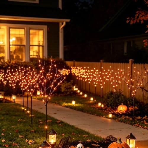 Halloween Lighted Tree Branches with Timer - 32 Inch Orange Fairy Lights, Indoor & Outdoor Decor