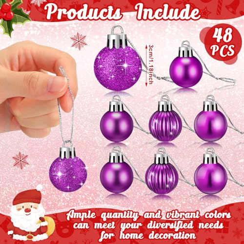 48 Pcs Purple Christmas Mini Ball Ornaments - Glitter Holiday Tree Decorations, 1.2 Inch