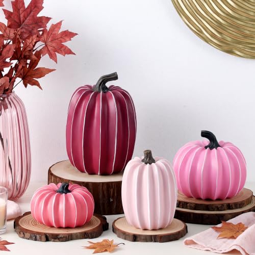 Resin Fall Pumpkin Decor Set - Pink Series, 4 Artificial Pumpkins for Thanksgiving & Halloween